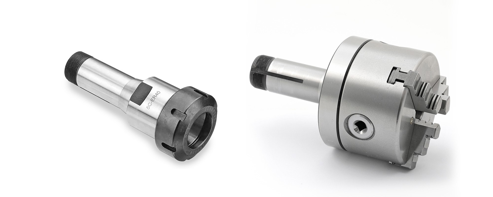 A 5C-mount ER collet adapter and a 3-jaw clamp on a 5C arbor