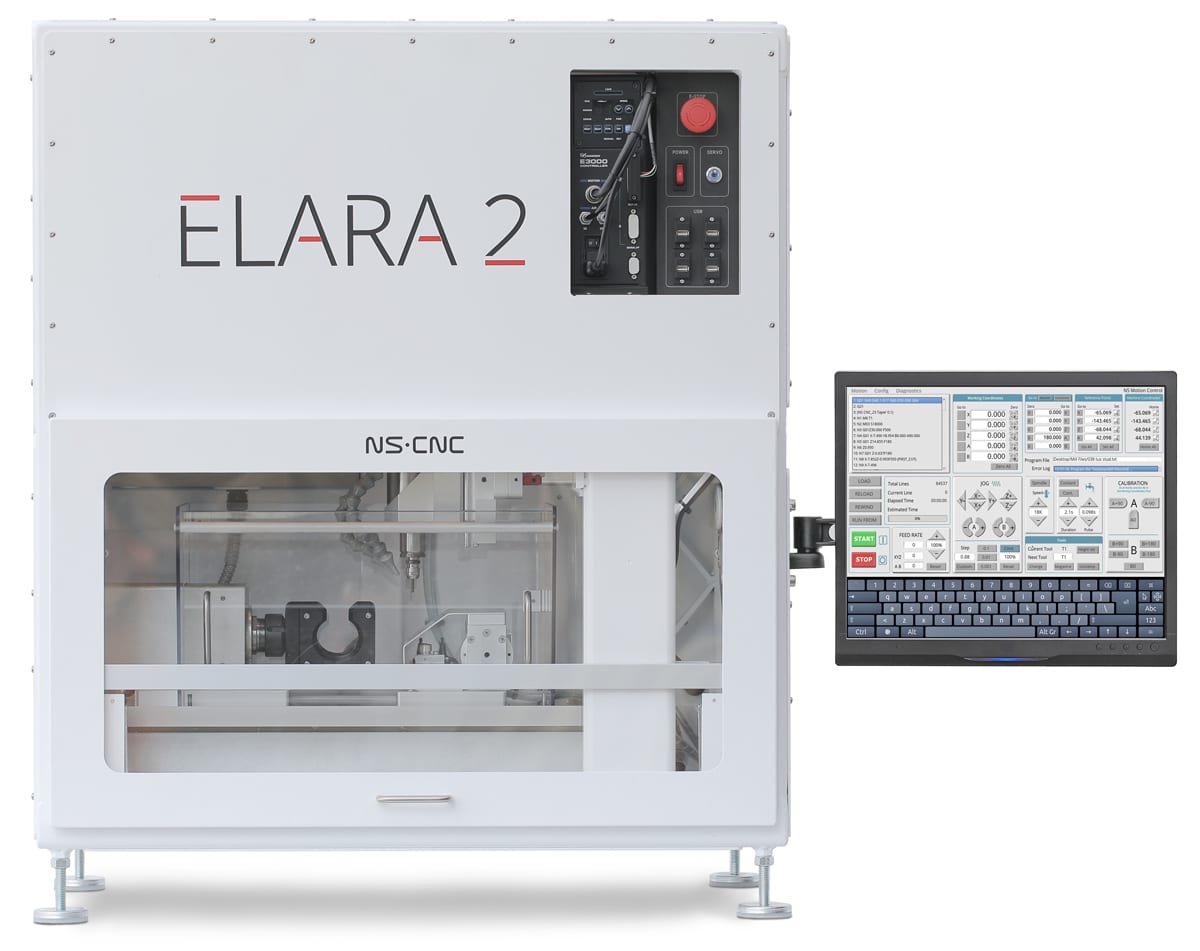 Front view of the Elara 2 with the spindle, rotary head, X table, front control panel, NS-Motion monitor, and enclosed work area called out by number